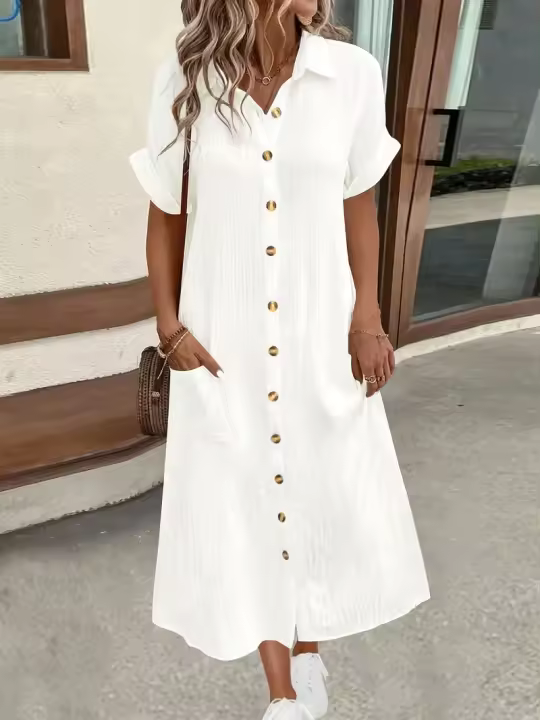 Vestido Casual De Verano Para Mujer Con Manga Corta Y Cuello En V Color Sólido Vestido Largo De Oficina Estilo Lady - 1