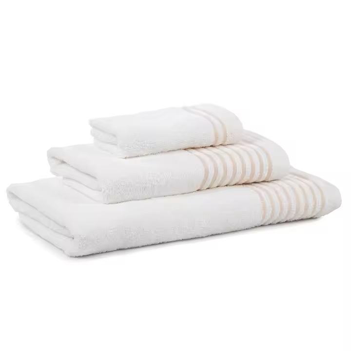 CASTMA GARANTIA DE ALTA CALIDAD - Juego de 3 Toallas de Algodón 100% de 450grs/m2 para Tocador, Lavabo y Ducha Modelo RAYAS. Buena Calidad. Color Crema y Beige - 1