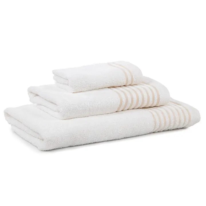 CASTMA GARANTIA DE ALTA CALIDAD - Juego de 3 Toallas de Algodón 100% de 450grs/m2 para Tocador, Lavabo y Ducha Modelo RAYAS. Buena Calidad. Color Crema y Beige - 1