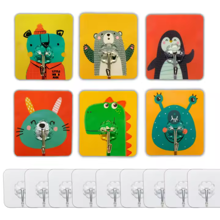 CUBIBOO®️ Set Ganchos Adhesivos Para Pared 6 pcs X Animales (8,5 x 7,5 CM) + 10 pcs X Transparentes (5,7 x 5,7 CM) | Ganchos Para Colgar | No Mas Clavos | Cuelga Facil (16, Animales) - 1