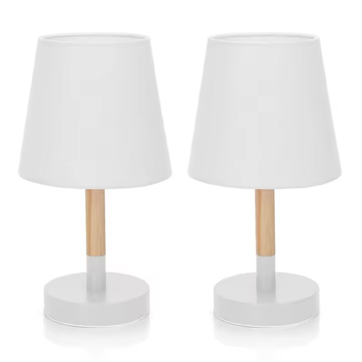Aigostar – Lámpara de Mesa, Lámpara de Mesita de Noche Pequeña de Madera Moderna, lámpara de Noche con Tulipa de Tela Blanca y Base de Metal, Portalámparas E14, Ecológica, Decorativa y Vintage - 1