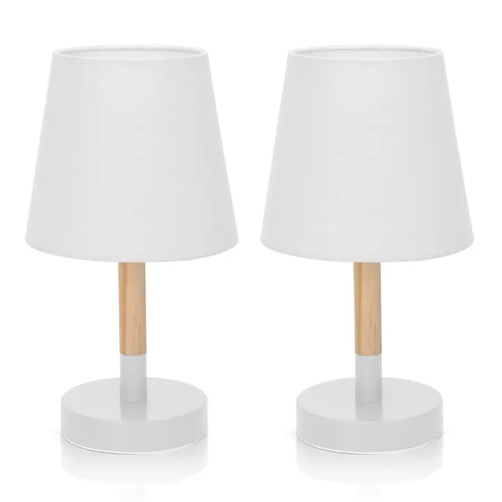 Aigostar – Lámpara de Mesa, Lámpara de Mesita de Noche Pequeña de Madera Moderna, lámpara de Noche con Tulipa de Tela Blanca y Base de Metal, Portalámparas E14, Ecológica, Decorativa y Vintage - 1