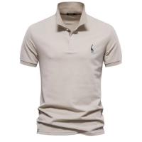 MOV-Camiseta POLO bordada con ciervo de algodón 80% de talla europea de alta calidad para hombre, camiseta básica de manga corta con solapa de color sólido para hombre，Manga corta lavada en color sólido suelto de alta calidad - details 4
