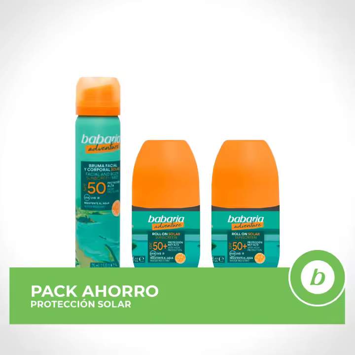 BABARIA Pack ahorro protección solar Adventure - Contiene 2 unidades de Roll-On Solar 50ml + Bruma Solar Facial 75ml - 1