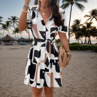 Vestido Mini a Line Moda Para Mujer Casual Manga Corta Camisa Botones Estampado Con Cremallera Y Cuello En V Vestido De Playa Para Fiesta - details 2
