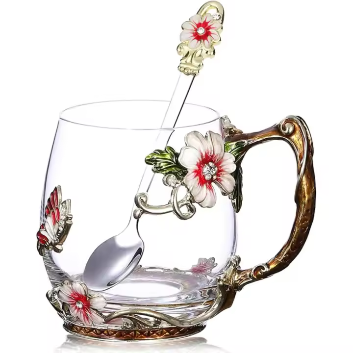 Tazes de té con Flores, juego de Taza de Vidrio con Taza, para aniversarios, Bodas y compromisos (short Pink Mariposa, 355 ml) - 1
