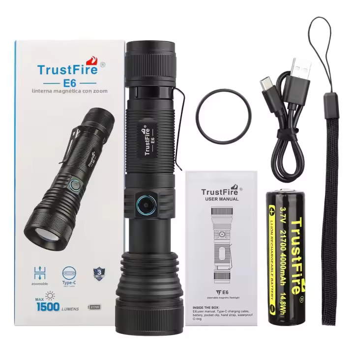 Linterna LED Recargable Trustfire E6 Con Función De Batería Y Ajuste De Zoom 1500 Lumens 550M Alcance Longitudinal Luz Portátil Con Imán - 1