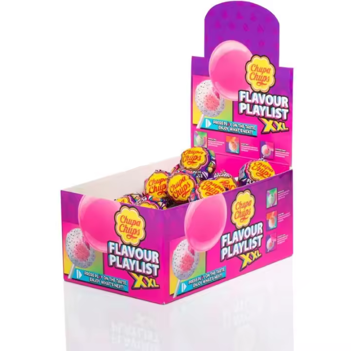 Caja de Chupa Chups XXL slim con 25 unidades de 29 gr cada una - Chupa ChupsXXL es más grande y ofrece una combinación de sabores única; tiene diferentes capas de sabores de caramelo y un chicle enorme en su interior, es práctico e higiénico - 1