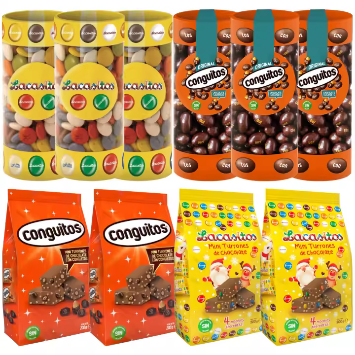 Lacasa Pack Lacasitos 3 botes 220g + 2 mini turrones 200g y Conguitos 3 botes 225g + 2 mini turrones 200g - 1