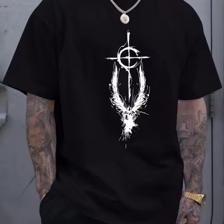 Camiseta De Verano Para Hombre 100% Algodón Estampado De Ángeles Y Cruz Casual Deportiva Cuello Redondo Manga Corta Transpirable Ligera Secado Rápido Protección Solar Elástica Sostenible Sin Capucha - 1