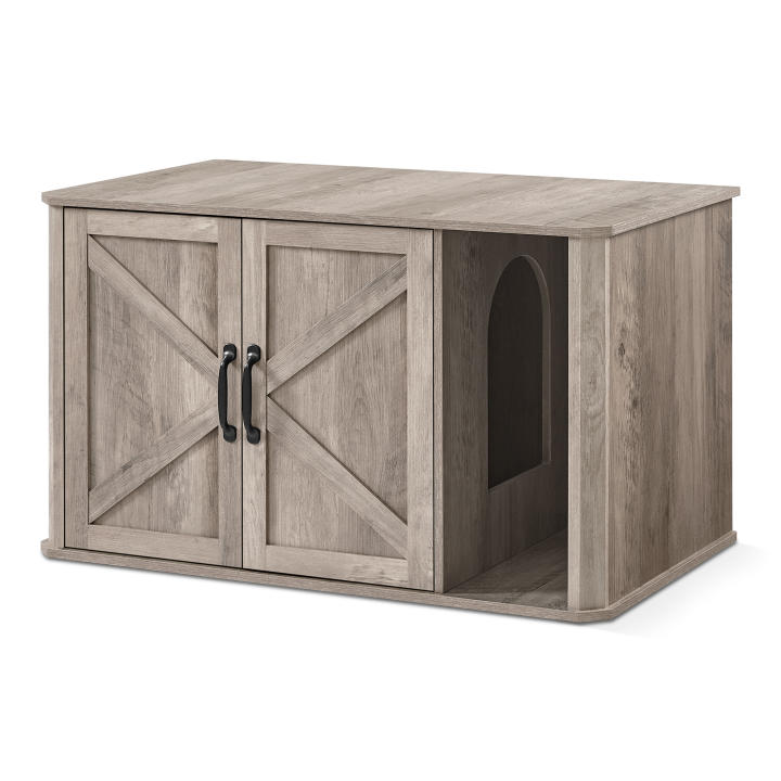 Feandrea Mueble Arenero, Moderno Arenero Oculto, con Entrada Frontal, Puertas Dobles, Asas, Casa para Gatos, Mesa Auxiliar, 85 x 48.5 x 50 cm, Greige Mélange/Blanco Nube