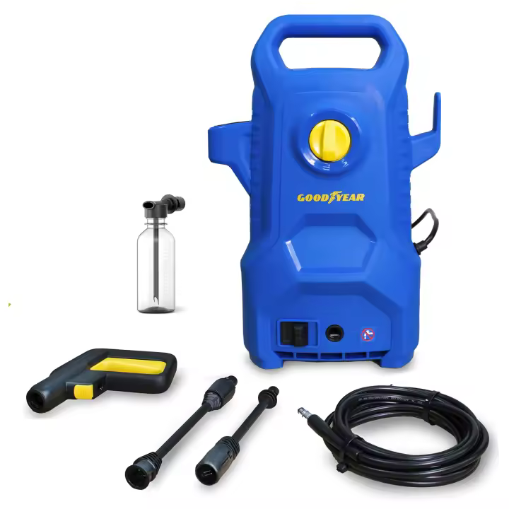 Goodyear - Hidrolimpiadora 1400W 100 Bar 4.5 l/min - Pistola y Lanza - Sistema Auto Stop - Mango - Pistola PP - 5m Manguera - Kit de depósito de detergente 200ml - Cable de 5m - Filtro Interior + Conector Rápido - Peso 5.3kg - Dimensiones 248x161x368mm - 1