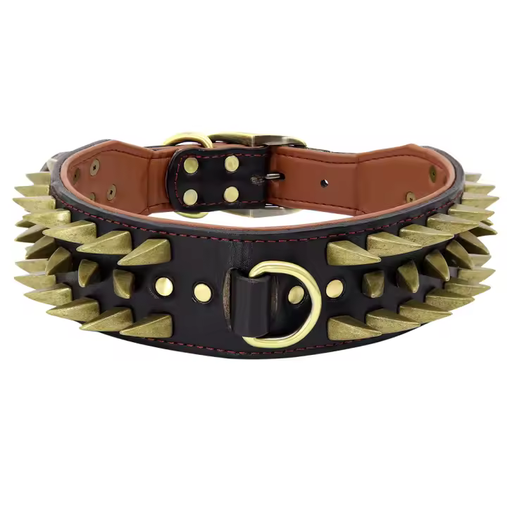 Collar De Cuero Genuino Para Perros Grandes Con Espinas Y Estrellas Fuerte Ajustable Para Pitbull Bulldog Boxer Resistente Todas Las Estaciones Tamaños L/XL Colores Rojo/Marrón/Negro - 1