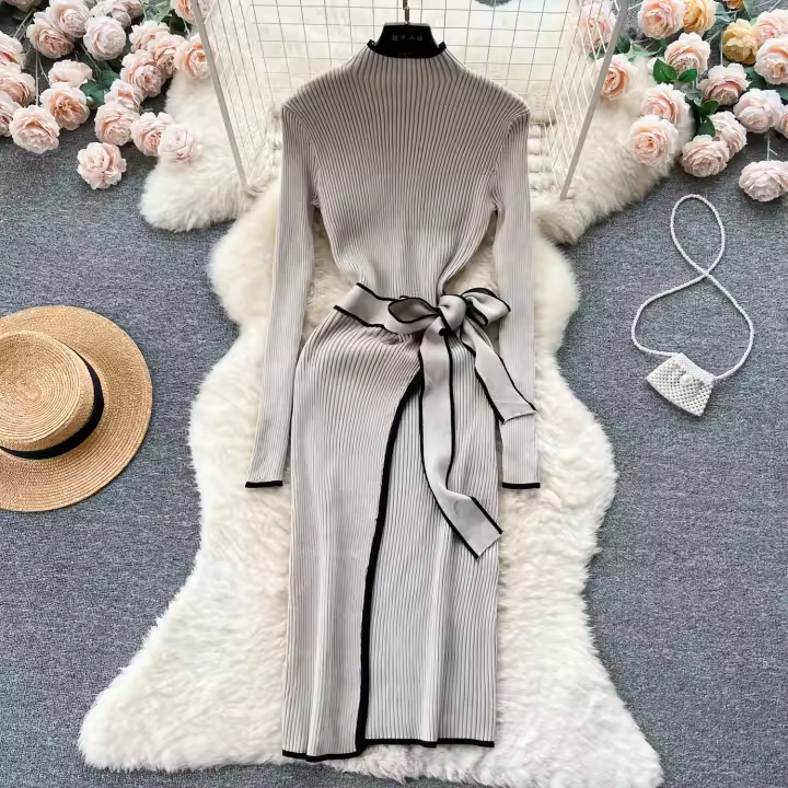 Vestido Bodycon Largo Elegante Con Ribbed Contrastado Tejido Muy Estirable Para Mujer Otoño Invierno Con Cinturón Y Bandage Streetwear Vestido De Mujer - 1