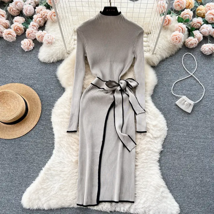 Vestido Bodycon Largo Elegante Con Ribbed Contrastado Tejido Muy Estirable Para Mujer Otoño Invierno Con Cinturón Y Bandage Streetwear Vestido De Mujer - 1