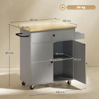 HOMCOM Isla de Cocina con Ala Abatible Carrito de Cocina Mueble Auxiliar de Cocina con Ruedas 2 Puertas Cajón Especiero Toallero y Estante Ajustable 106x42x87 cm Gris y Roble - details 2