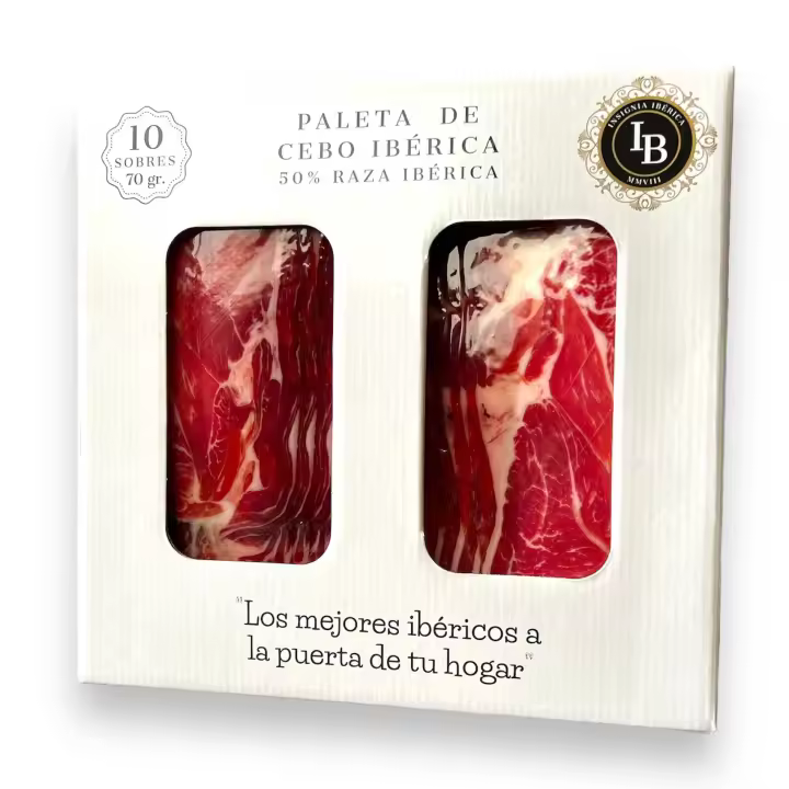 Insignia ibérica - Paleta ibérica de cebo 50 %, loncheada, maletín de 700 gramos (10 sobres de 70 gramos envasados al vacío) - 1