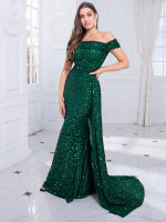 Vestido De Noche Romagic Azul Oscuro Con Cuello Abierto Y Cola Desmontable Vestido De Fiesta De Invierno Mermaid Con Lentejuelas Para Mujer - details 4