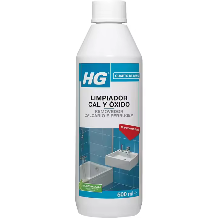 HG Limpiador Cal y Óxido, Elimina los Depósitos de Cal en Grifos de Lavabo e Inodoros, Limpiador y Descalcificador para Cabezales de Ducha, Baños y Bañeras - 500ml - 1