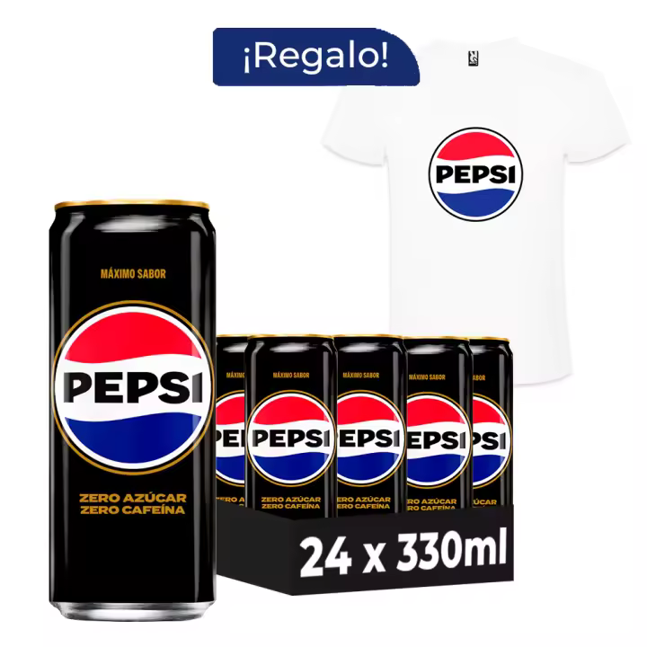 Pack Regalo Pepsi Max Zero Azúcar Zero Cafeína Refresco de Cola 24 Latas x 330 ml + Camiseta, Máximo Sabor, Bebida Gaseosa, Ideal para Compartir y Refrescarte en Cualquier Momento - 1