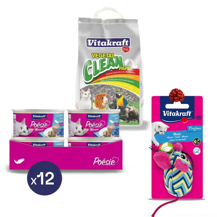 VITAKRAFT - Poésie Comida húmeda para gatos Sabor mousse de pato / pollo / salmón / ternera (Pack de 12 latitas) + vegetal clean Lecho universal de papel reciclado para todas las mascotas + REGALO  juguete ratón para gato - 1