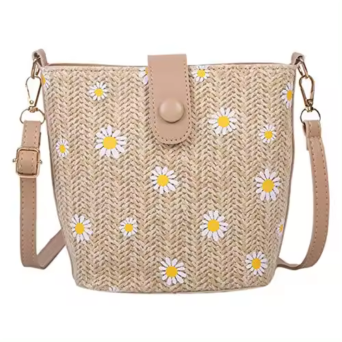 Bolso de Margarita Bolso de cubo de cadena Bolso bandolera Bolso de estudiante de color caqui Bolso de paja Mujer (Caqui) - 1