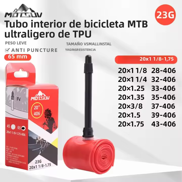 MOTSUV Llanta De Bicicleta Inner Tube Ultraligera 23g 20 Pulgadas 406 20x1.0-1.75 Ciclismo TPU Con Válvula Reforzada Accesorios De Bicicleta - 1