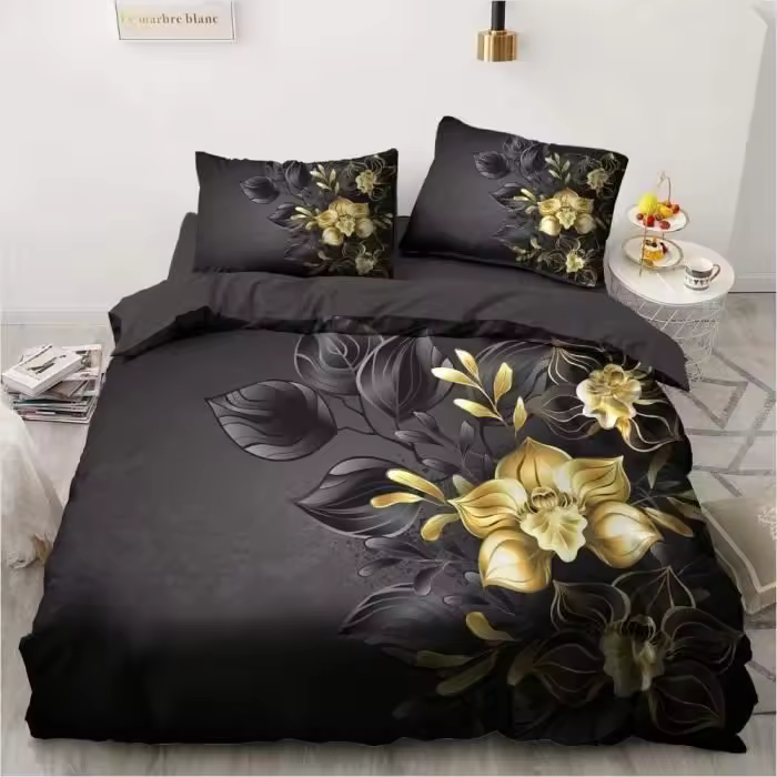 Funda nórdica de lujo con flores doradas - Microfibra premium - Cierre de cremallera - 200x200 cm - 2 fundas de almohada - 1