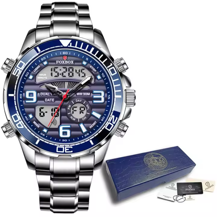 Reloj Deportivo De Lujo Para Hombre FOXBOX Dual Display Analógico-Digital Acero Inoxidable Impermeable Con Caja Reloj De Pulsera Quartzo - 1