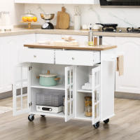 HOMCOM Carro de Cocina Isla de Cocina con Ruedas Multifuncional con 2 Cajones 3 Puertas de Vidrio Templado Toallero y Especiero 124,5x39,5x90 cm Blanco - details 1