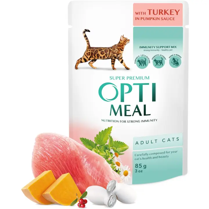 Comida húmeda completa para gatos adultos OPTIMEAL con pavo en salsa de calabaza ,PACK 12*85g - 1