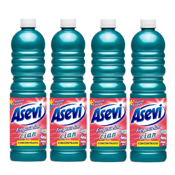 Asevi Fregasuelos Concentrado Cian, Pack Ahorro 4x1L, Friegasuelos Concentrado Superperfumado, Aroma Fresco Flores Blancas, Limpiasuelos Con pH Neutro Para Todo Tipo de Suelos, Incluso Superficies Delicadas - 1