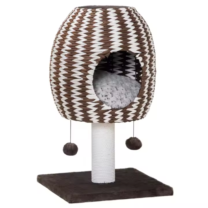 PawHut Árbol Rascador para Gatos Altura 67 cm Torre para Gatos con Cueva de Felpa Cojín Desmontable Bolas Colgantes y Poste 40x40x67 cm Café - 1