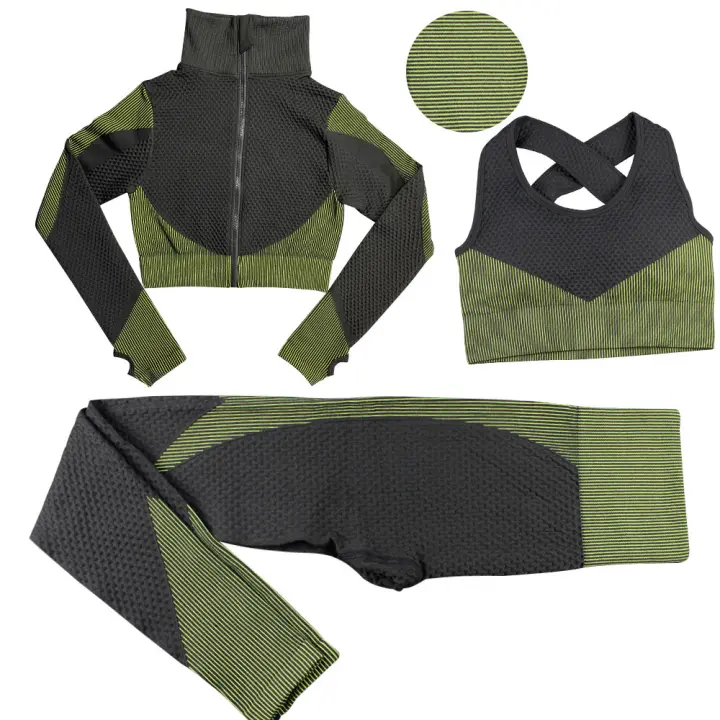 Conjunto de entrenamiento para Mujer, de 3 piezas chándalo, leggings de yoga sin Costura with Realce de cadera y sujetador Deportivo elástico, Conjunto de ropa de Gimnasio - 1