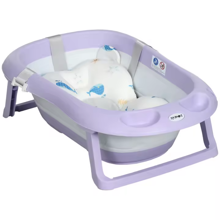 ZONEKIZ Juego de Bañera para Bebé Recién Nacido hasta 6 Años Plegable 40L con Cojín Almohadillas Antideslizantes Orificio de Drenaje y Agujero de Ducha 83x48x23,5 cm Azul - 1