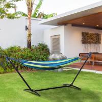 Hamaca con Soporte 310x117 cm Hamaca de Camping con Bolsa de Transporte Portátil Altura Ajustable Carga 120 kg para Patio Terraza Rayas Verde y Azul - details 2