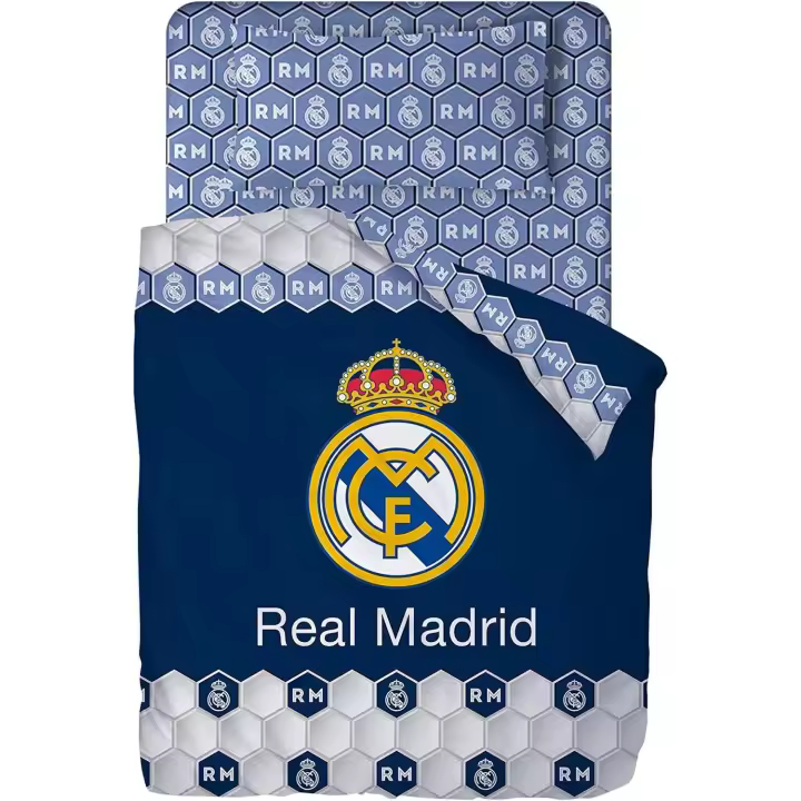 Real Madrid C.F. Juego de Sábanas Real Madrid CF - Verano | Licencia Oficial | Diseño Escudo Centrado | Fondo Azul Marino | 50% Algodón/50% Poliéster - 1
