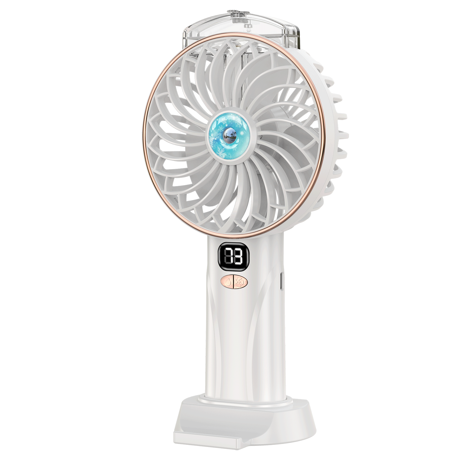 Ventilador de Mano Portátil USB, 4,3 Pulgadas, 3 Aspas, 5 Velocidades, 2400mAh, Blanco y Dorado