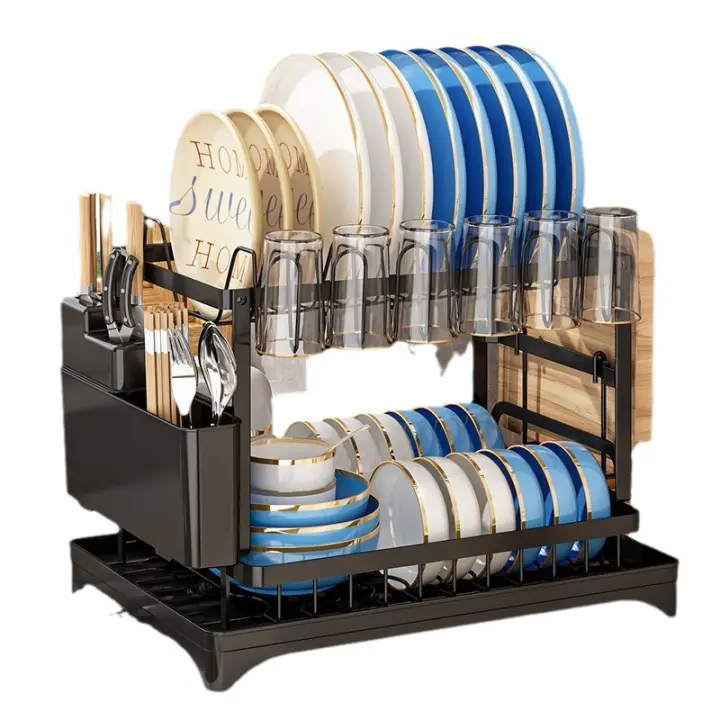 2-Tier Rustproof Dish Drying Rack with Drainboard & Utensil Holder - Durable Plastic & Metal Kitchen Counter Organizer for Dishes, Cups, and Utensils - Space-Saving Design for Modern Kitchens, Dish Drying Rack for Kitchen Counter - 1