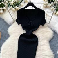 Vestido Bodycon Elegante Para Mujer Vestido Maxi De Verano Con Cuello En V Y Manga Corta Vestido Knit Elasticidad Alta Silueta Ajustada - details 5