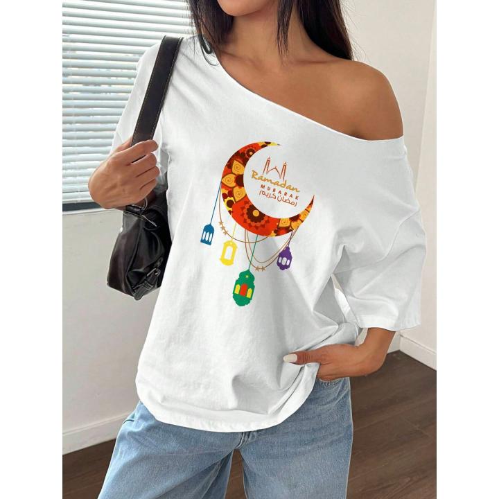 100% Cotton Plus Size Ramadan Mubarak Crescent Moon Lantern Print Shoulder Loose Print T-Shirt Oversized Y2K Style Graphic Te