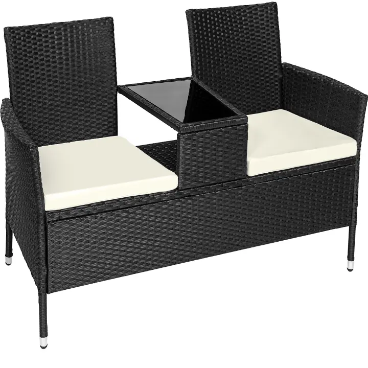 Tectake - Banco de jardín NARBONNE de poliratán con mesa, Banco de poliratán de alta calidad, Cómodos cojines con grosor de 6 cm para un confort óptimo, muy fácil de limpia, Mesita de cristal integrada - 1