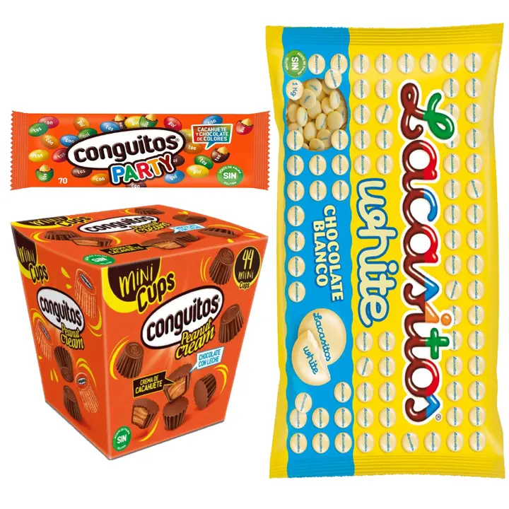 Pack Conguitos party bolsa 70g,Lacasitos white bolsa 1kg,Conguitos mini cups leche est 200g - 1