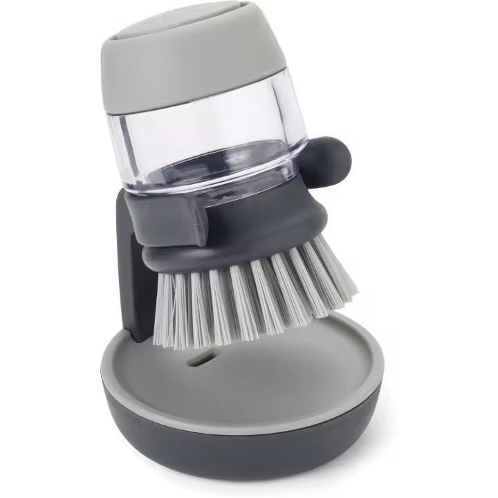 Cepillo de limpieza para cocina con dispensador de jabón rellenable Palm Scrub con soporte de almacenamiento, color gris - 1