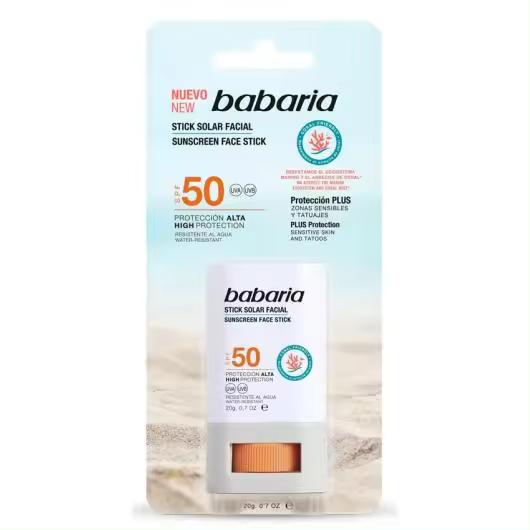 Babaria Stick Solar Facial SPF50 con Aloe y Manteca de Karité para Hidratación y Protección Contra UVB-UVA E Infrarrojos, Resistente Al Agua y Protección para Tatuajes - 1