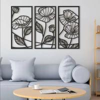 Decoración De Pared Minimalista Elegante En Negro Con Arte De Hierro Metálico 3 Panel Línea De Flor Moderna 3D Hueco Para Sala De Estar - details 4