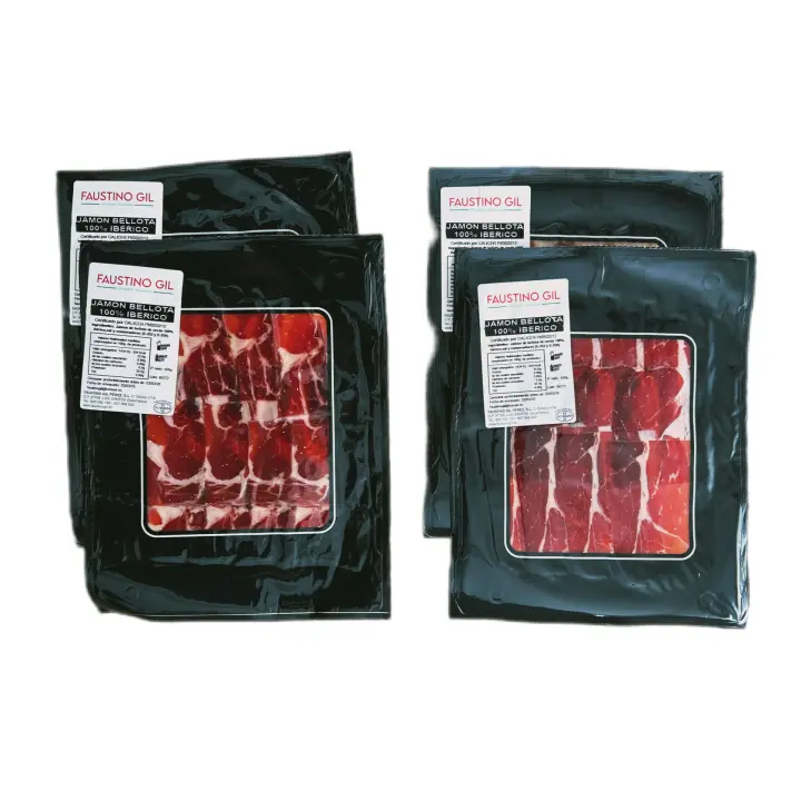 JAMON IBERICO BELLOTA 100% RAZA IBERICA - 4 Sobres de 100g -FAUSTINO GIL PEREZ IBERICO BELLOTA  - Simulación Corte a cuchillo - JAMON BELLOTA LONCHEADO A CUCHILLO - JAMON BELLOTA A CUCHILLO  Elaboración tradicional - Ibéricos Faustino Gil - - 1