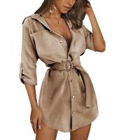 Vestido Elegante De Verano Para Mujer Color Sólido Con Cuello En V Manga Larga Vestido Casual Con Botones De Manga Plegable Para Trabajo - details 4