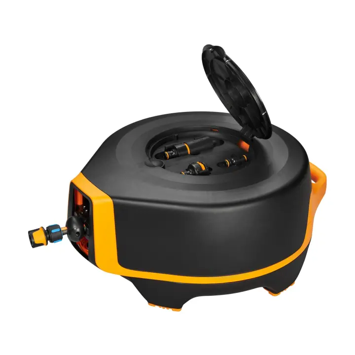 CARRO PORTA MANGUERA AUTOMATICO, FISKARS, TAMAÑO XL,, 20 M DE MANGUERA,  PESO 10.98 KG,(INCLUYE ADAPTADOR DE GRIFO 3 MEDIDAS, PISTOLA Y SOPORTE) - 1
