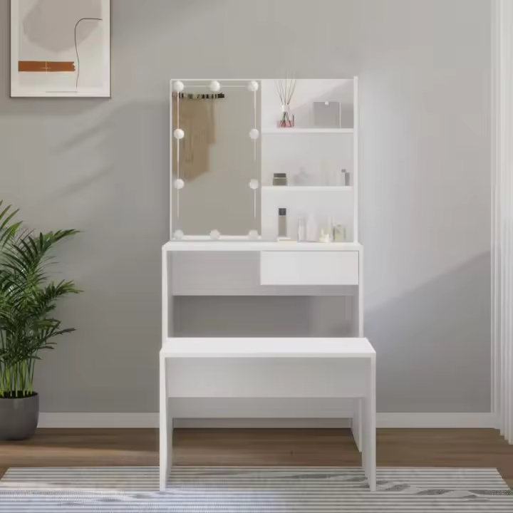 vidaXL Juego de tocador con LED madera contrachapada blanco - 1